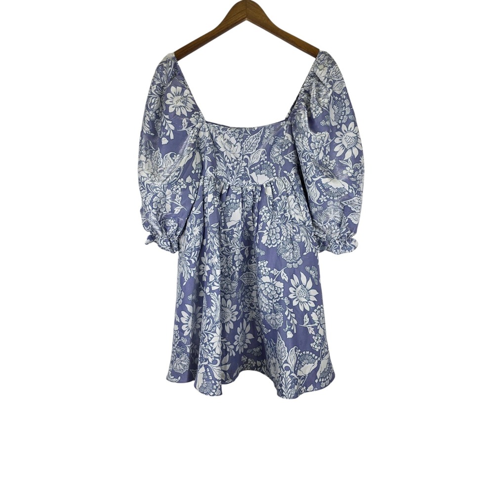 Storia Mini Dress Womens S Blue Floral Metallic Shimmer Babydoll Puff Sleeve New
